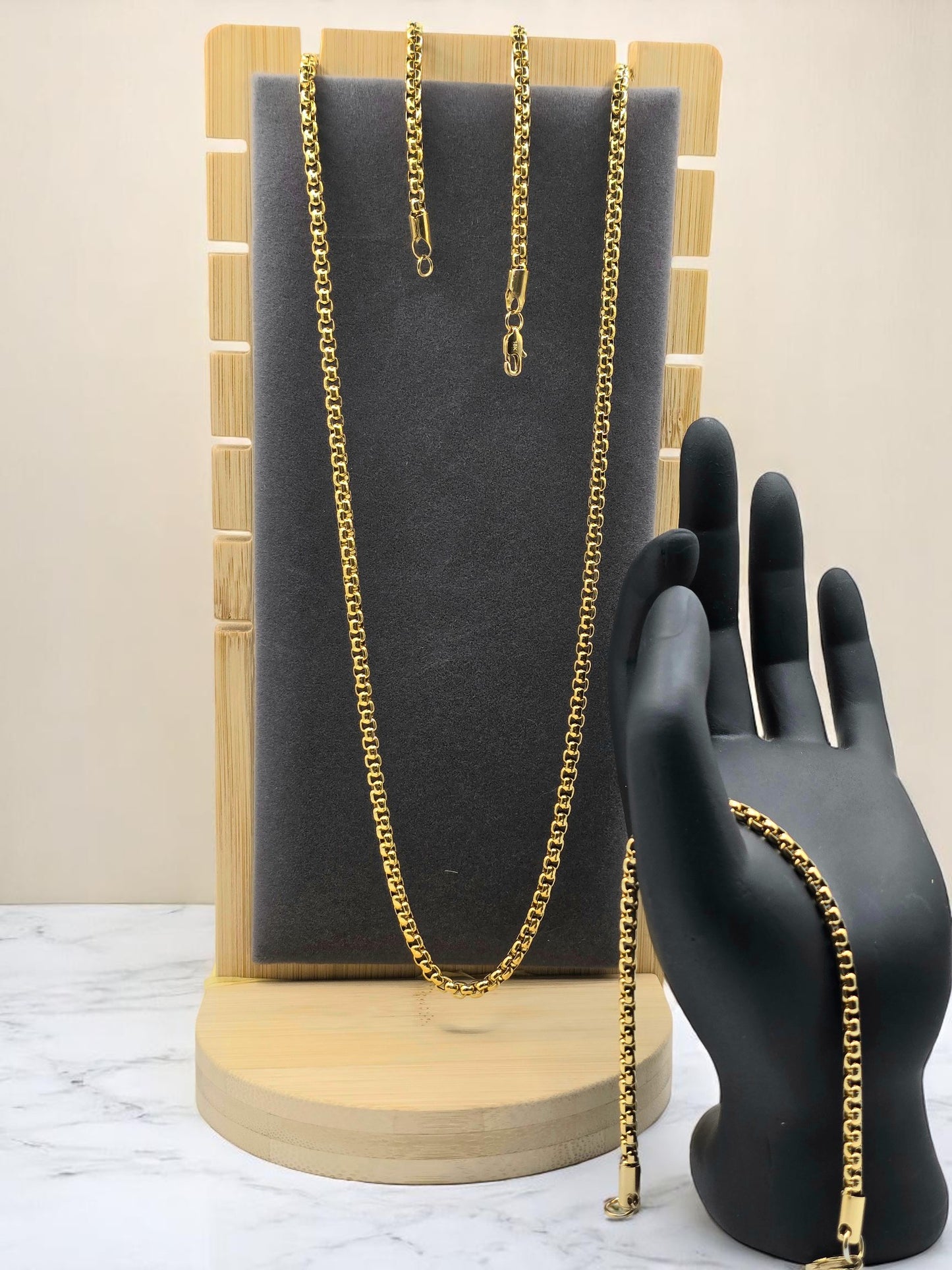 Combo Valenciana 4mm Oro Laminado 18K | Cadena 65 cm + Pulsera 20 cm