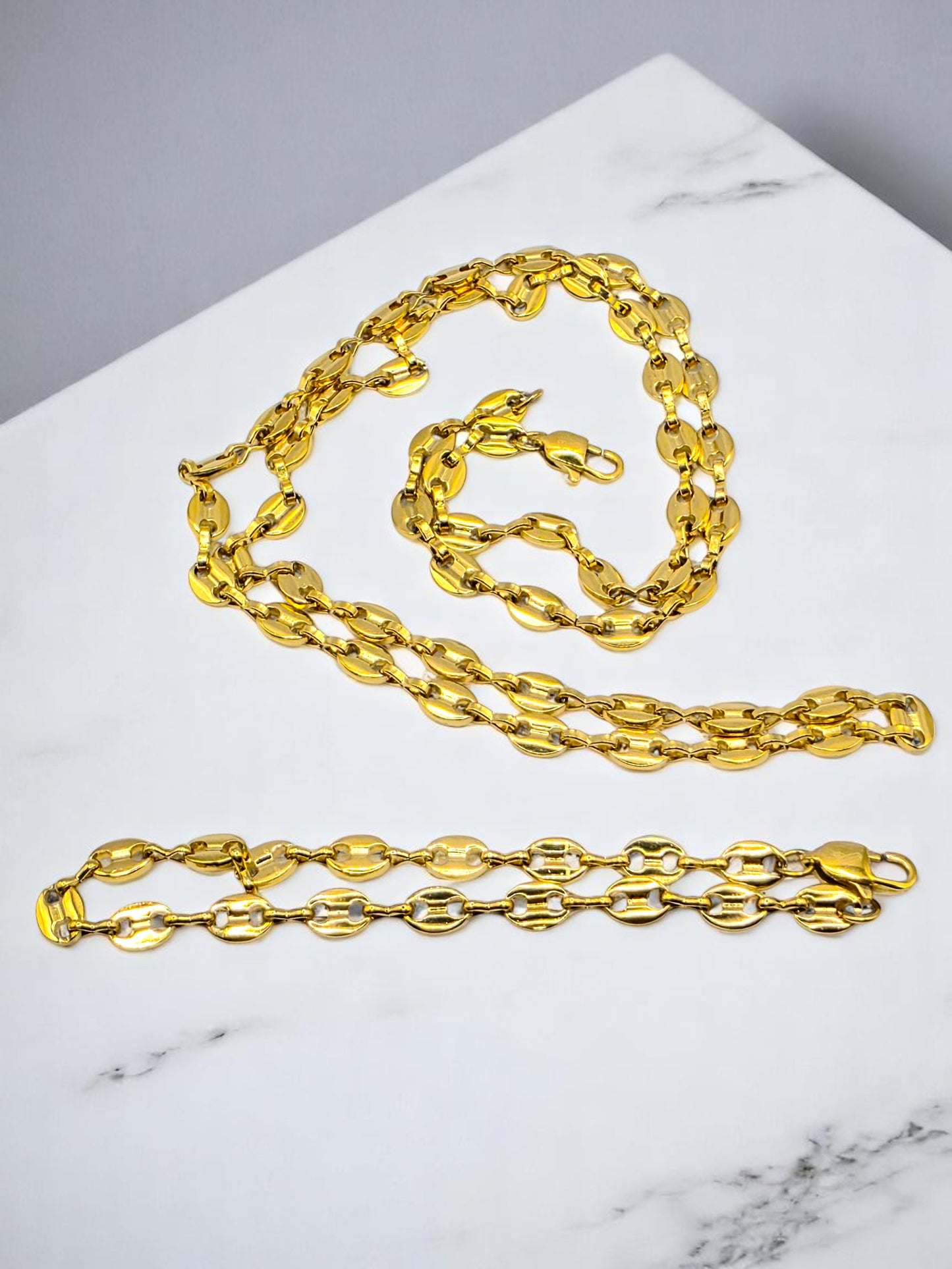 Combo Gucci Oro Laminado 18K | Grano de Café | Cadena 65 cm 5.5mm + Pulsera 20cm 6mm
