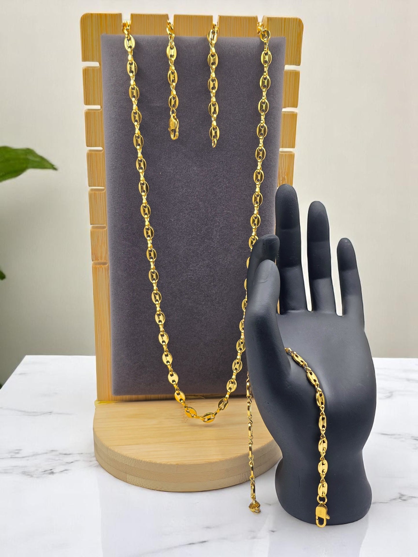 Combo Gucci Oro Laminado 18K | Grano de Café | Cadena 65 cm 5.5mm + Pulsera 20cm 6mm