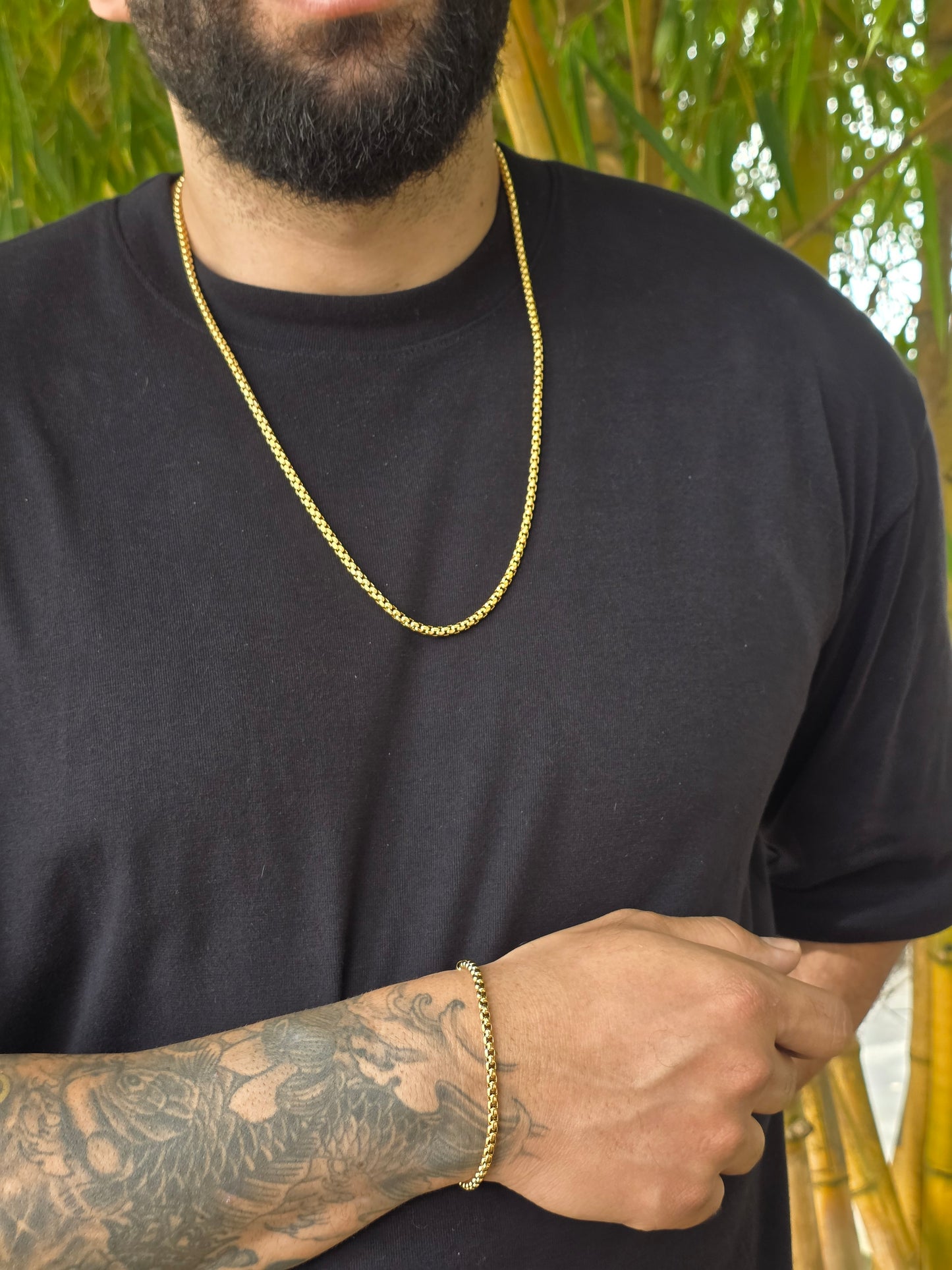 Combo Valenciana 4mm Oro Laminado 18K | Cadena 65 cm + Pulsera 20 cm