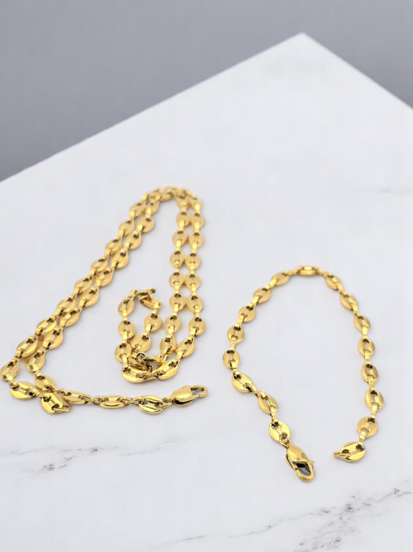 Combo Gucci Oro Laminado 18K | Grano de Café | Cadena 65 cm 5.5mm + Pulsera 20cm 6mm